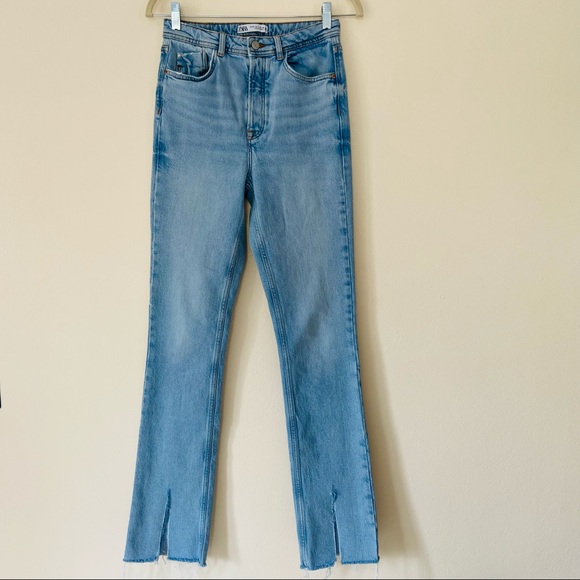 Zara high waisted blue front slits straight leg denim full length jeans - Picture 8 of 15